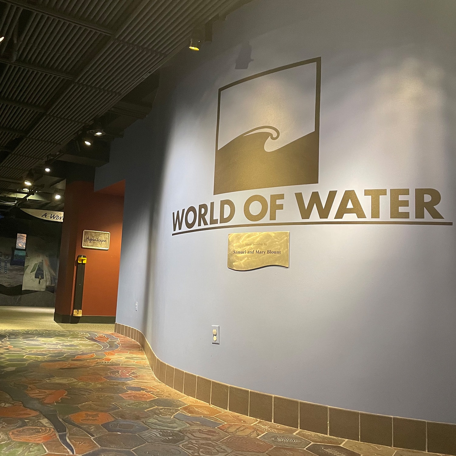 World of Water exhibit entrance at children's science museum with wave logo and colorful mosaic floor.