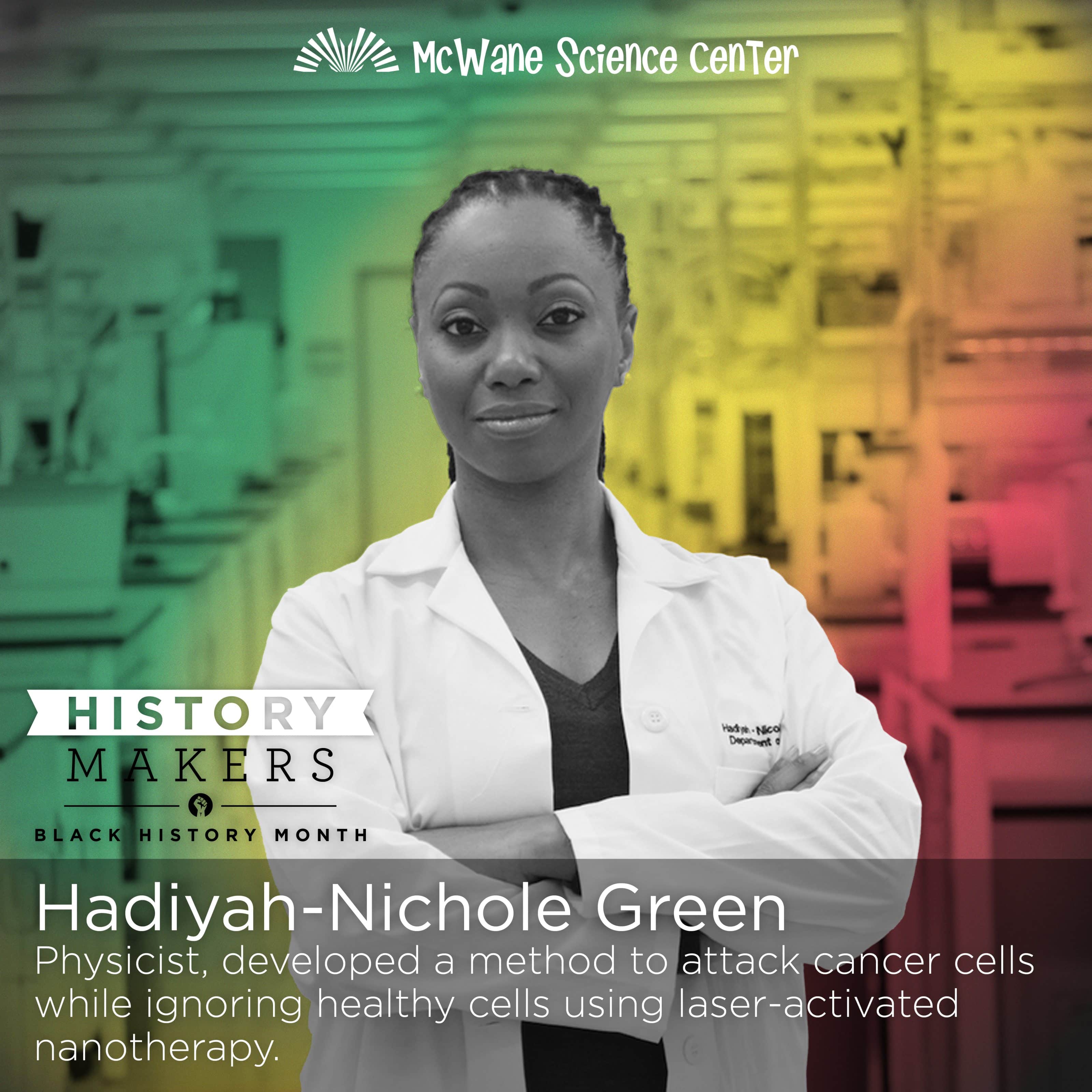 Physicist in lab coat at McWane Science Center History Makers exhibit for Black History Month, lab background.