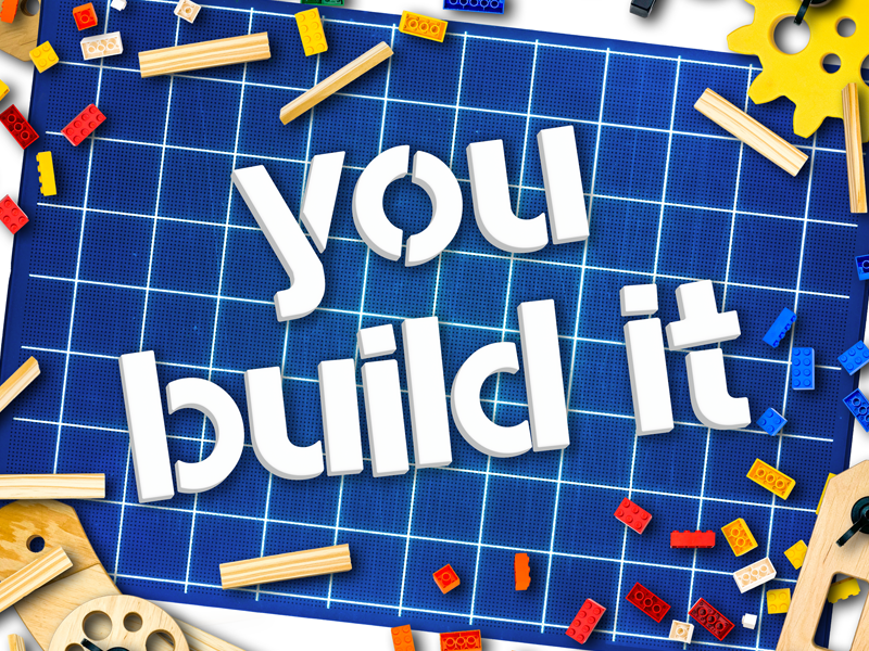 You Build It sign on blueprint with LEGO bricks, wood gears, and tools at children's science center maker exhibit