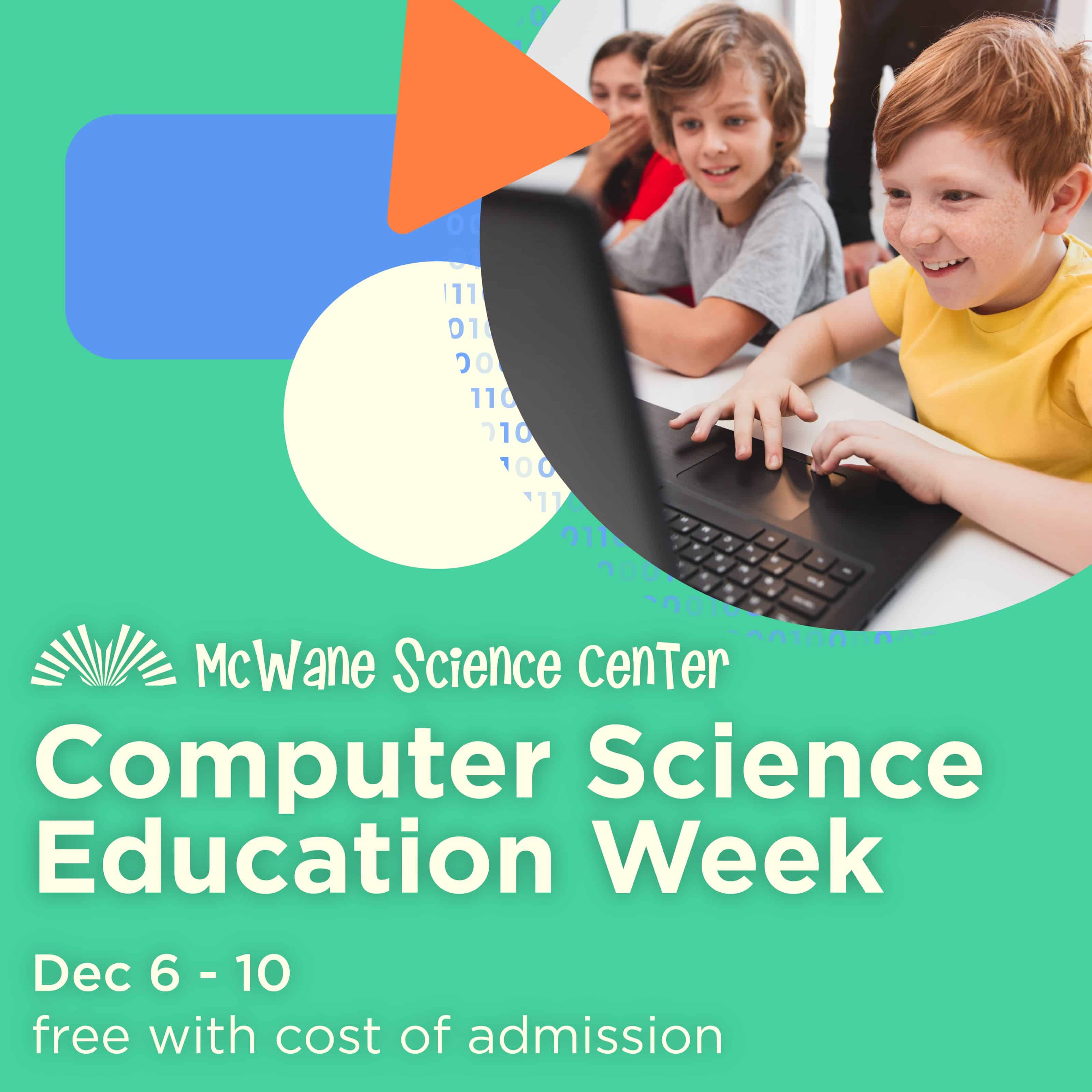 Kids coding at laptops for McWane Science Center Computer Science Education Week, Dec 6–10, free with admission.