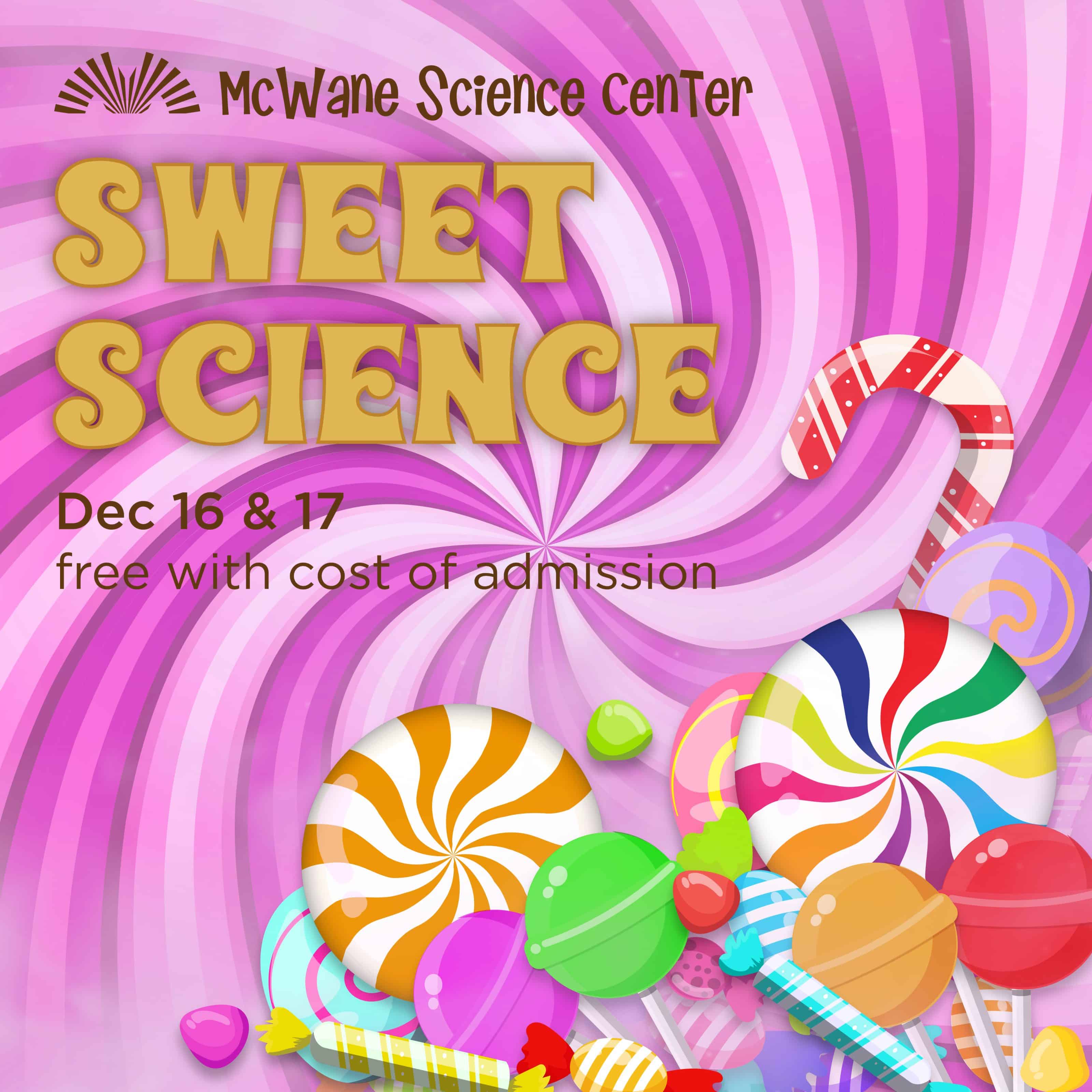 McWane Science Center Sweet Science event, Dec 16–17; candy-themed family science fun, free with admission.