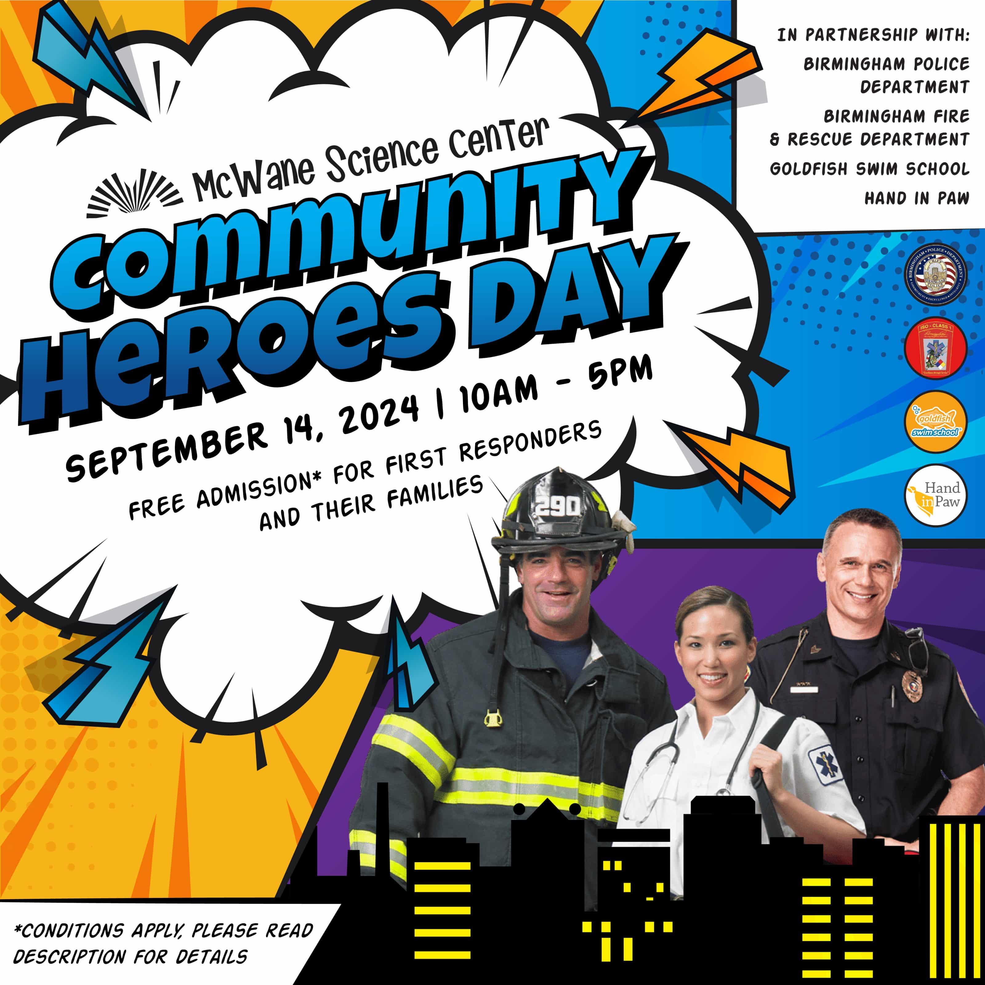 McWane Science Center Community Heroes Day with a firefighter, paramedic, and police officer; Sept 14, 2024; free admission