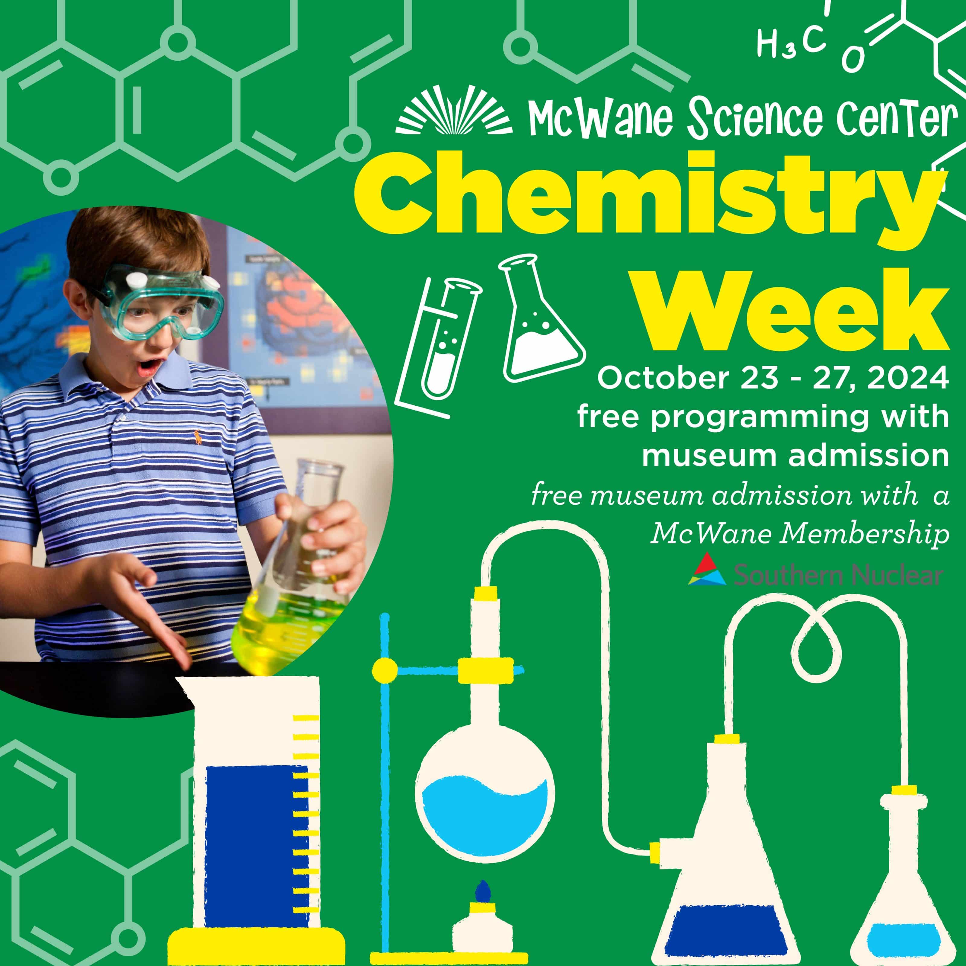 McWane Science Center Chemistry Week promo: a child with goggles mixing beakers; Oct 23–27, 2024, free with museum admission
