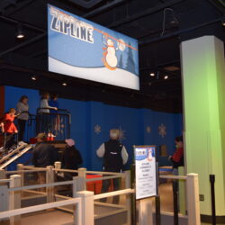 Children line up at indoor zipline STEM exhibit at a children's science center, winter-themed decor and staff supervising.