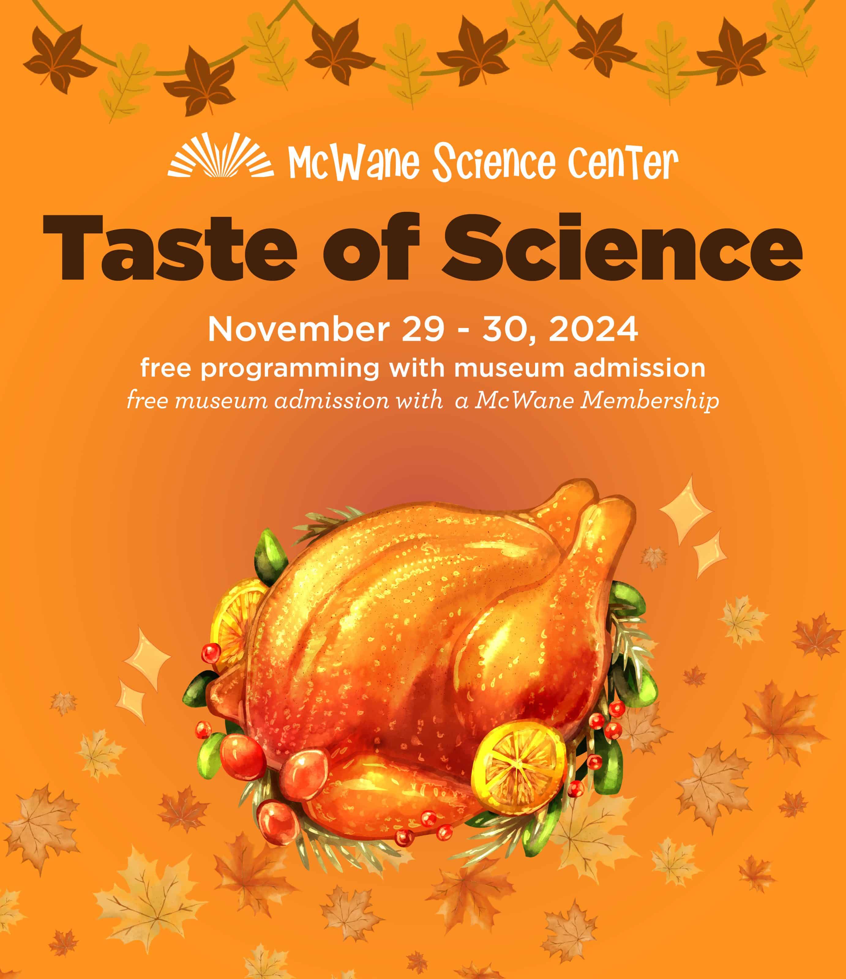 McWane Science Center Taste of Science, Nov 29–30, 2024; fall poster with roast turkey; free programs with admission.