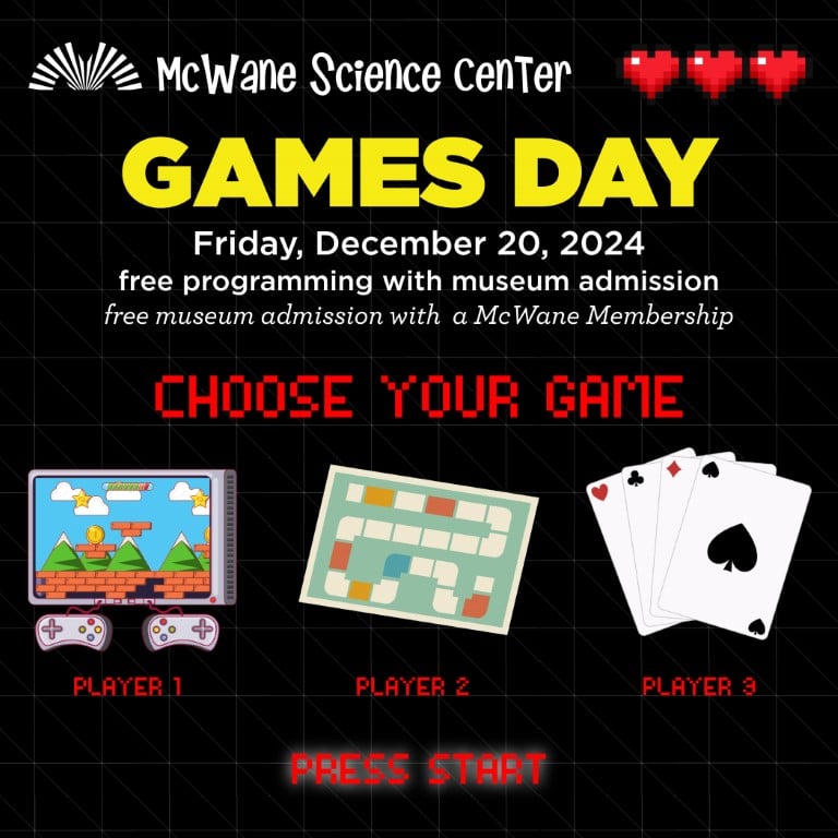 McWane Science Center Games Day poster, Dec 20, 2024—free programming with admission; choose video, board, or card games.