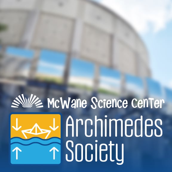 McWane Science Center Archimedes Society logo with paper boat and buoyancy arrows, children's STEM museum
