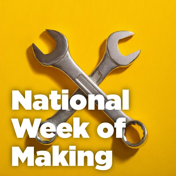 Crossed wrenches on yellow promoting National Week of Making at the children's science center, STEM maker activities.