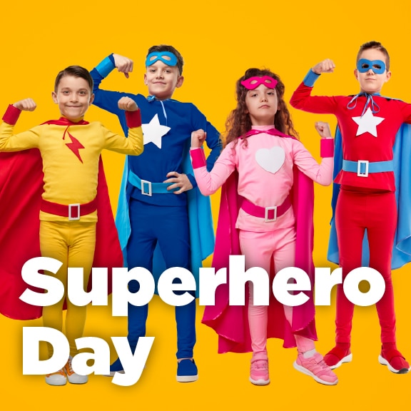 Children’s Science Center Superhero Day promo: four kids in colorful superhero costumes flex and pose on yellow background