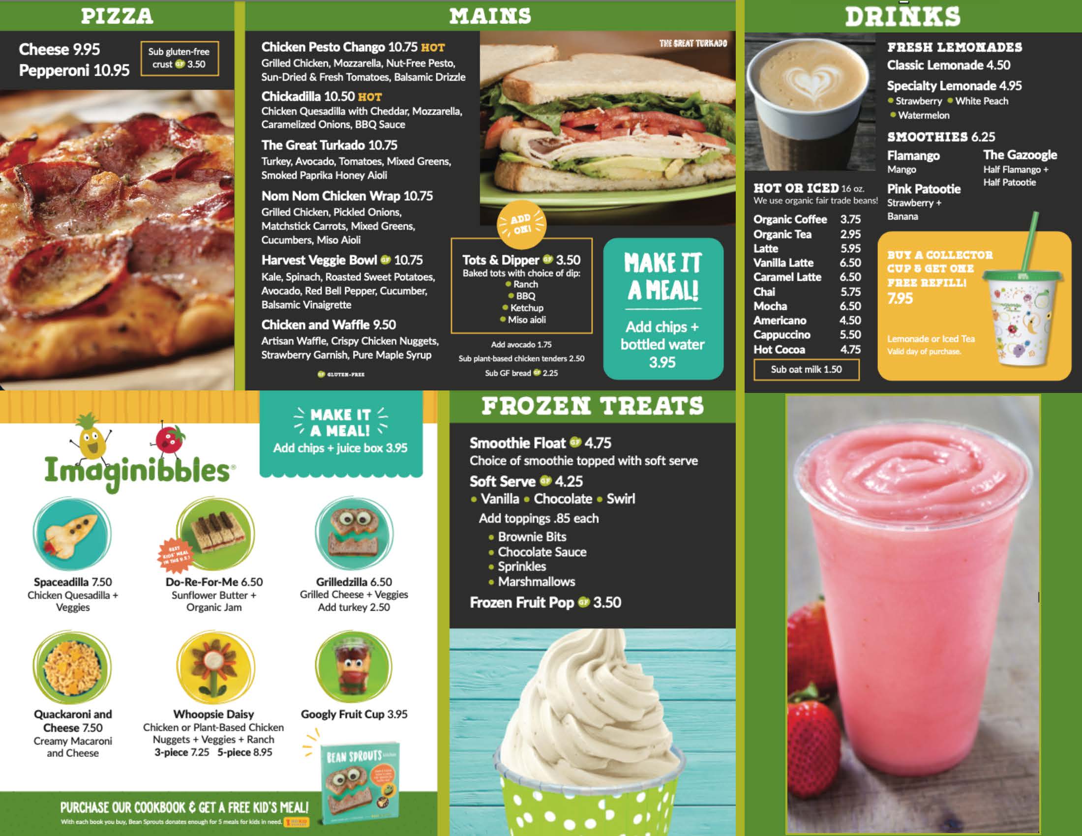 Kids science center cafe menu: pizza, wraps, lemonade, smoothies, and frozen treats for families.