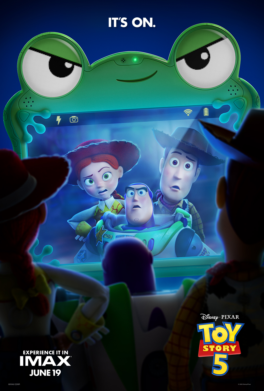 Toy Story 5 poster: Buzz Lightyear, Woody, and Jessie on a frog-shaped tablet screen, It's On IMAX June 19