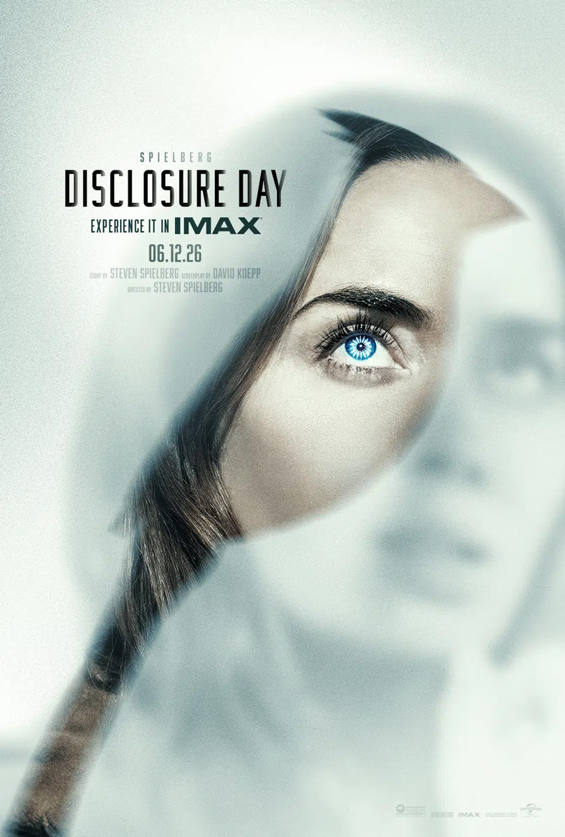 Close-up of a woman with bright blue eye behind frosted glass; sci-fi poster text Disclosure Day IMAX 06.12.26